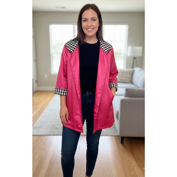 Grace Chuang New York Reversible 2 in 1 gingham Pink open Jacket Blazer Sz L - Picture 2 of 10